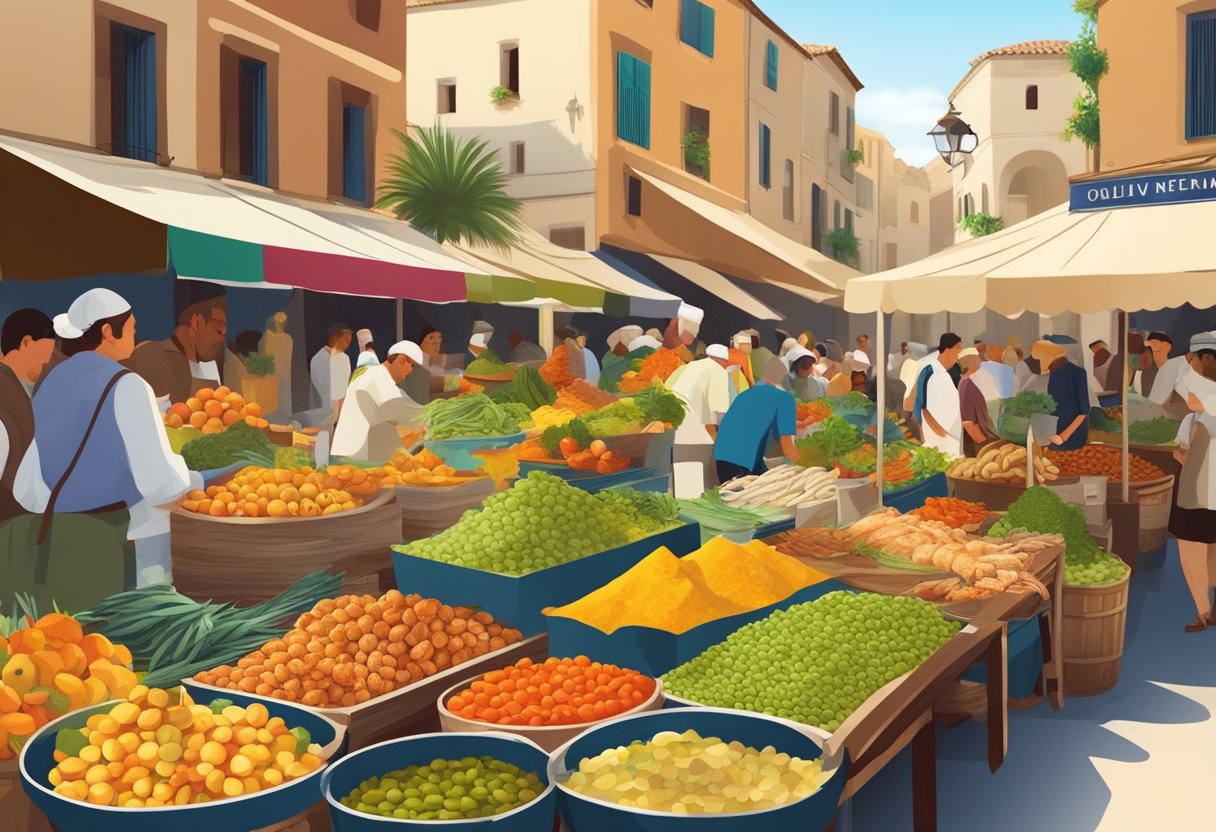 A bustling marketplace with colorful stalls selling diverse Mediterranean ingredients, from olives and olive oil to fresh seafood and aromatic spices