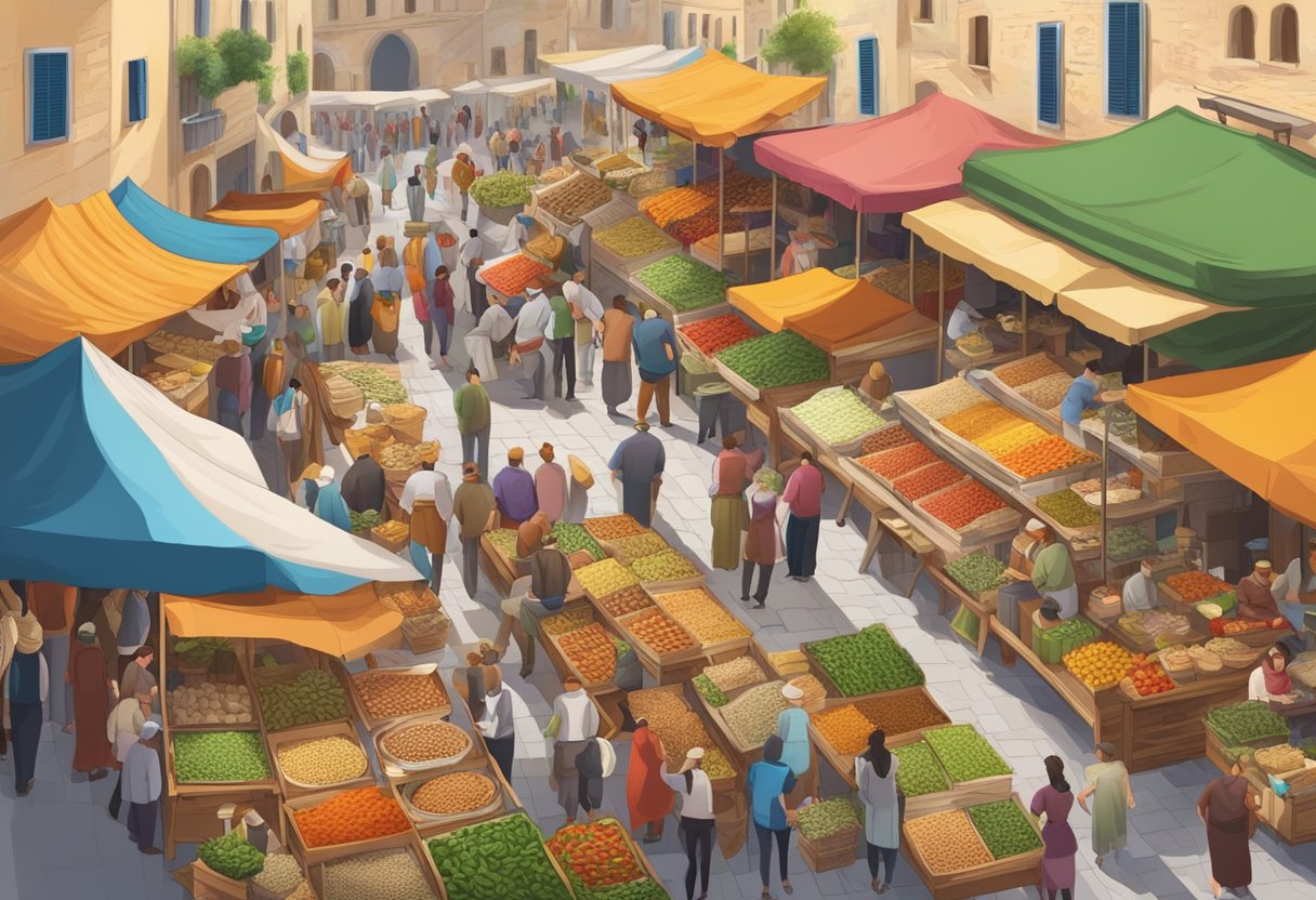 A bustling marketplace with colorful stalls selling diverse Mediterranean foods, surrounded by bustling crowds and the aroma of spices and herbs