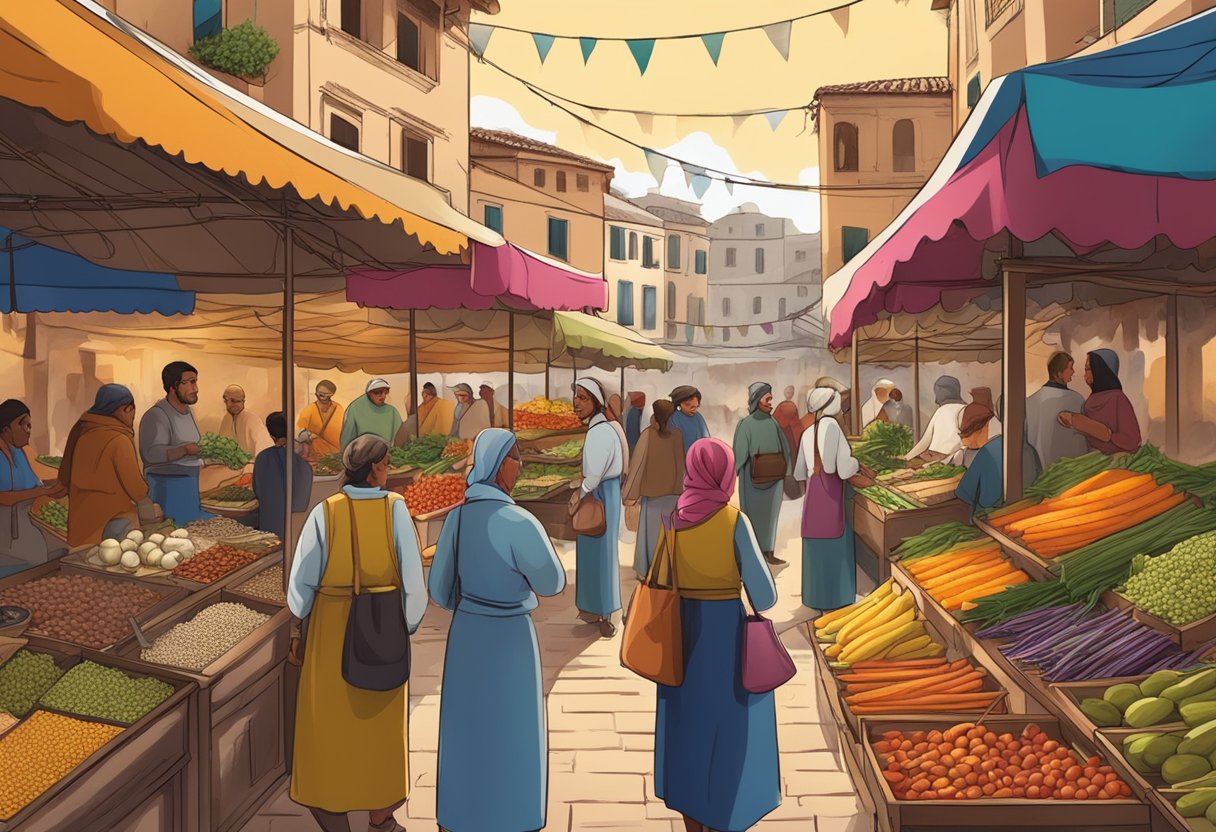 A bustling Mediterranean market with colorful stalls selling local produce and spices, showcasing the diverse regional variations in cuisine