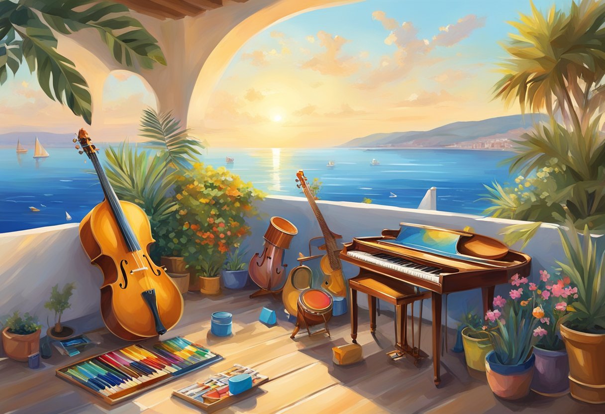 A colorful palette of paints and musical instruments scattered on a sunlit terrace overlooking the Mediterranean sea