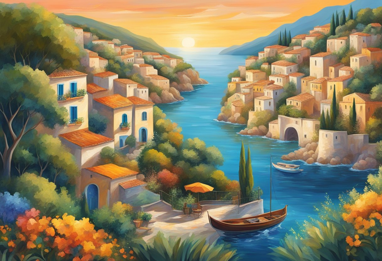 A vibrant Mediterranean landscape with art and music intertwined. A palette of rich colors and swirling musical notes evoke a sense of well-being and cultural harmony