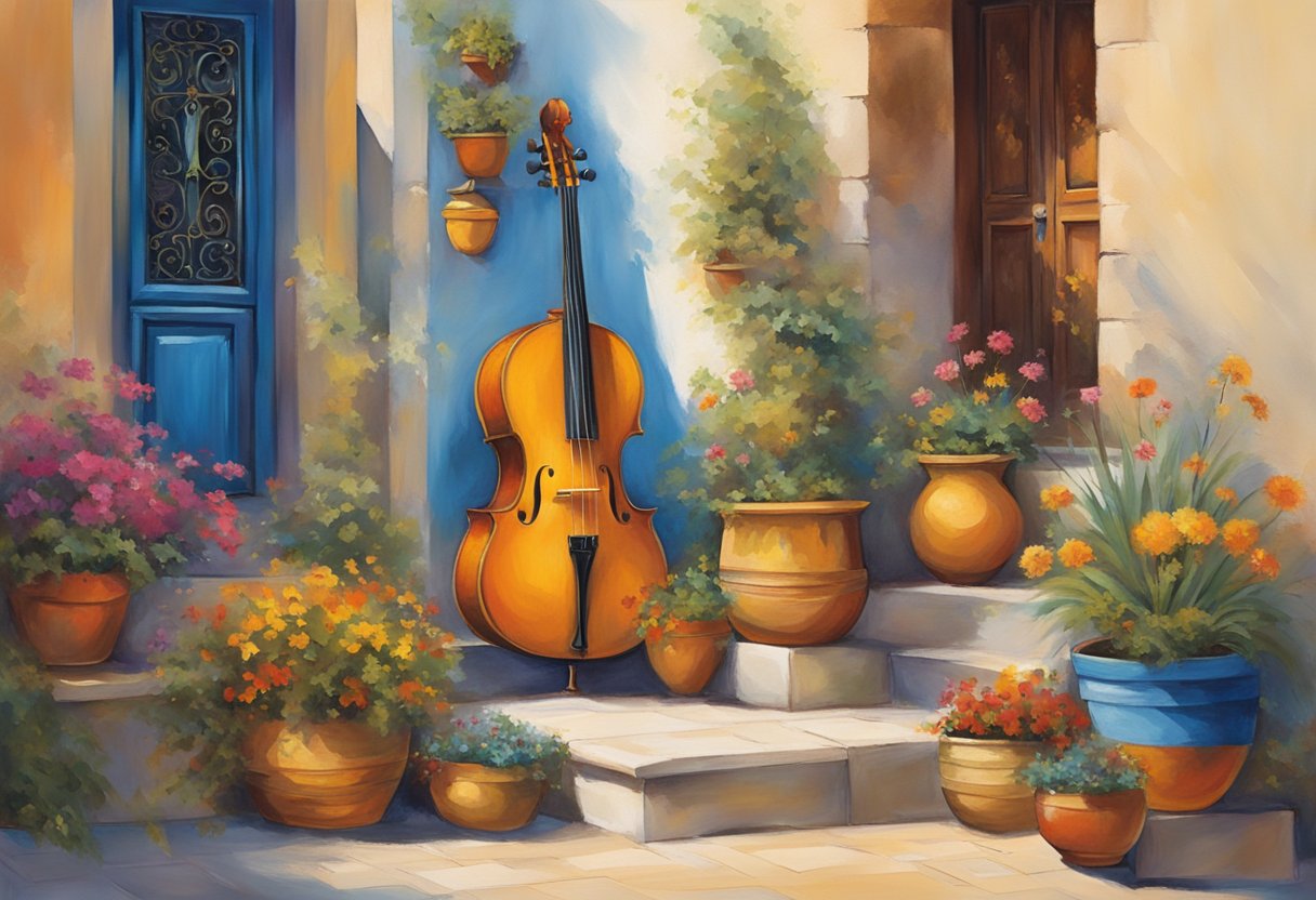 Vibrant colors of traditional instruments and lively brushstrokes capture the essence of Mediterranean art and music, evoking a sense of joy and well-being