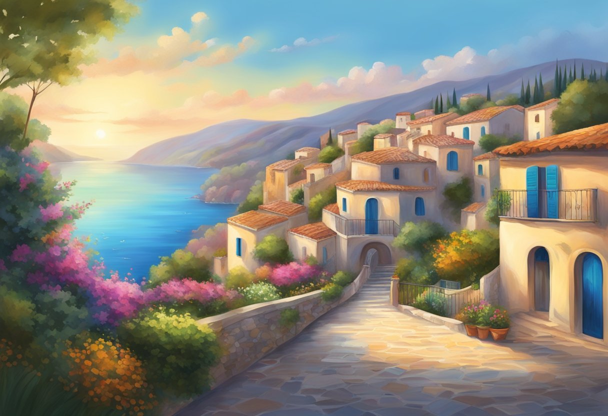 A serene Mediterranean landscape with vibrant colors and soothing music floating in the air, evoking a sense of peace and well-being