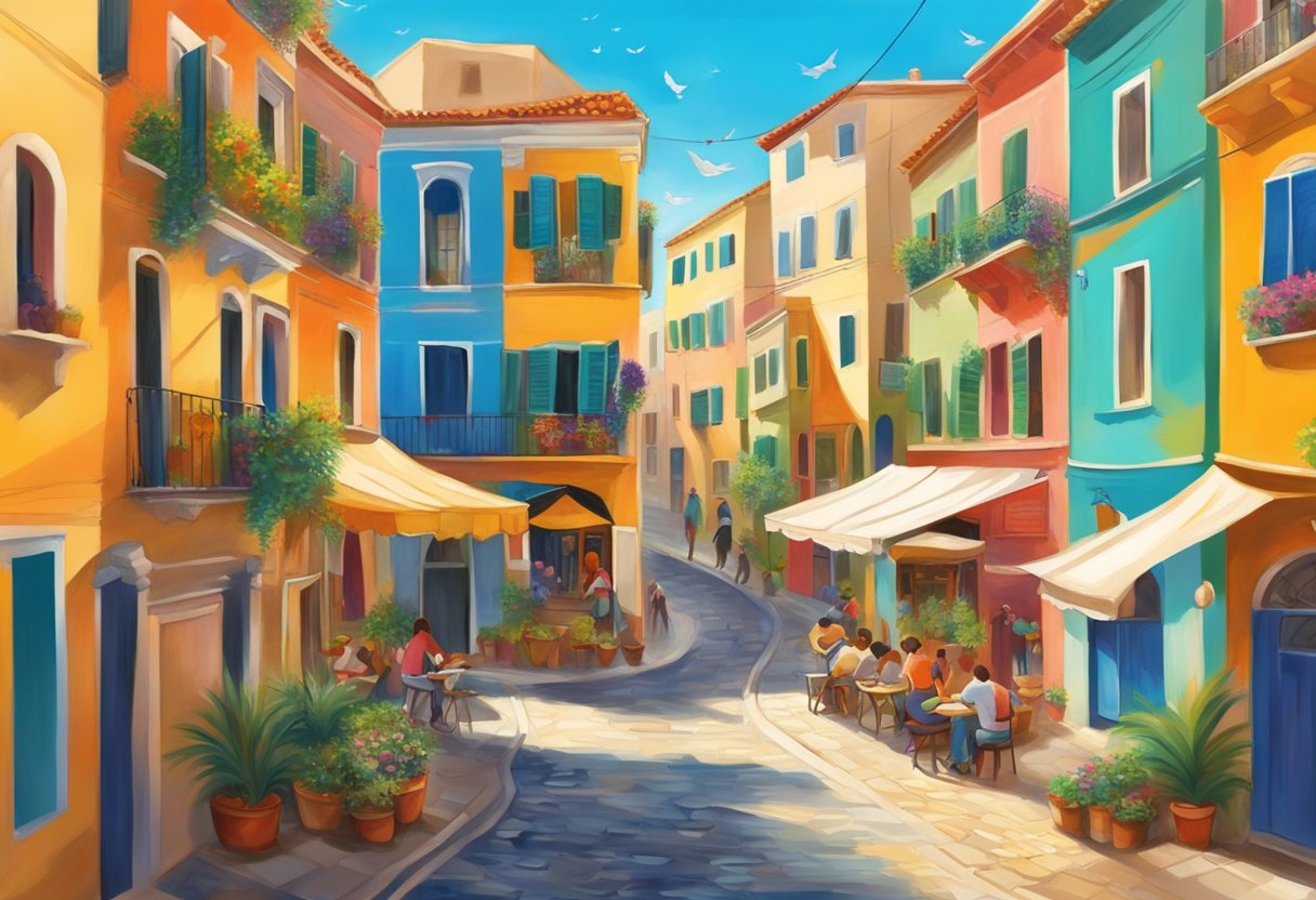 A vibrant street scene with colorful buildings and lively music spilling out from open windows, while artists paint and create music in the Mediterranean sun