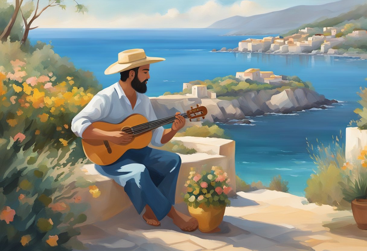 A serene coastal landscape with vibrant colors and soft, flowing lines. A musician plays a traditional instrument while an artist paints the scene, capturing the harmony and tranquility of the Mediterranean way of life