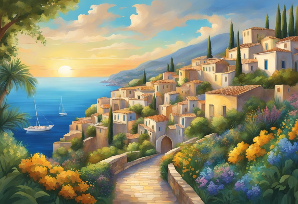 A vibrant Mediterranean landscape with art and music intertwined, evoking a sense of well-being and cultural richness