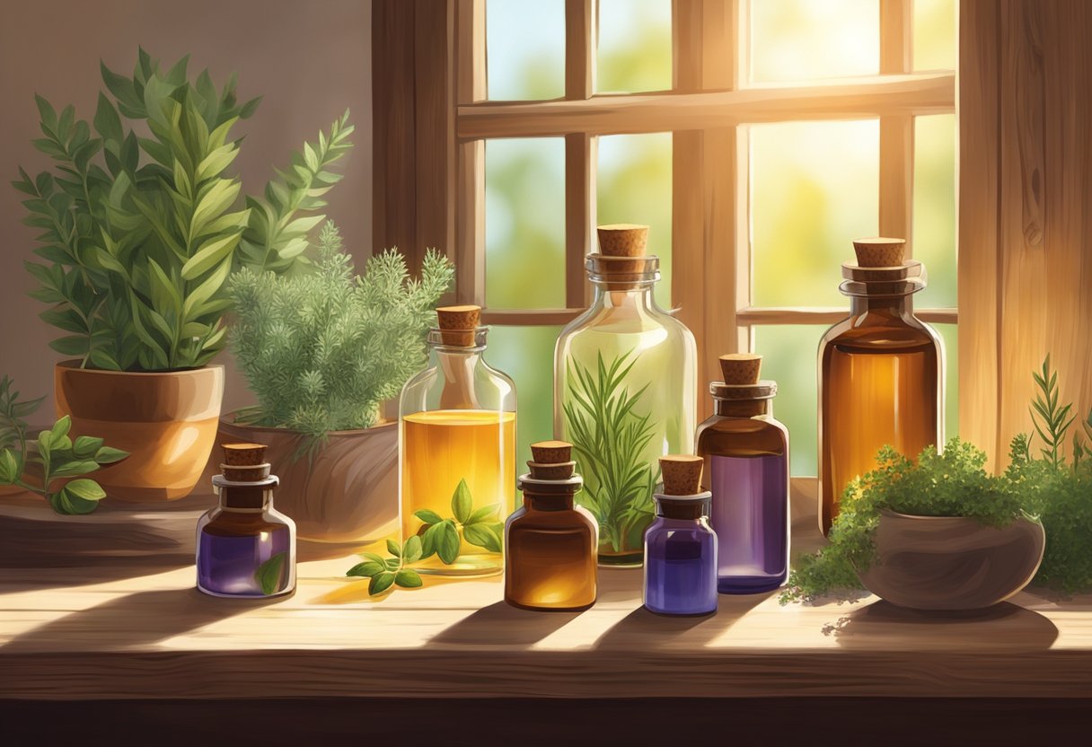 Aromatherapy bottles and essential oils arranged on a rustic wooden table surrounded by Mediterranean herbs and plants. Sunlight filters through a window, casting a warm glow on the scene