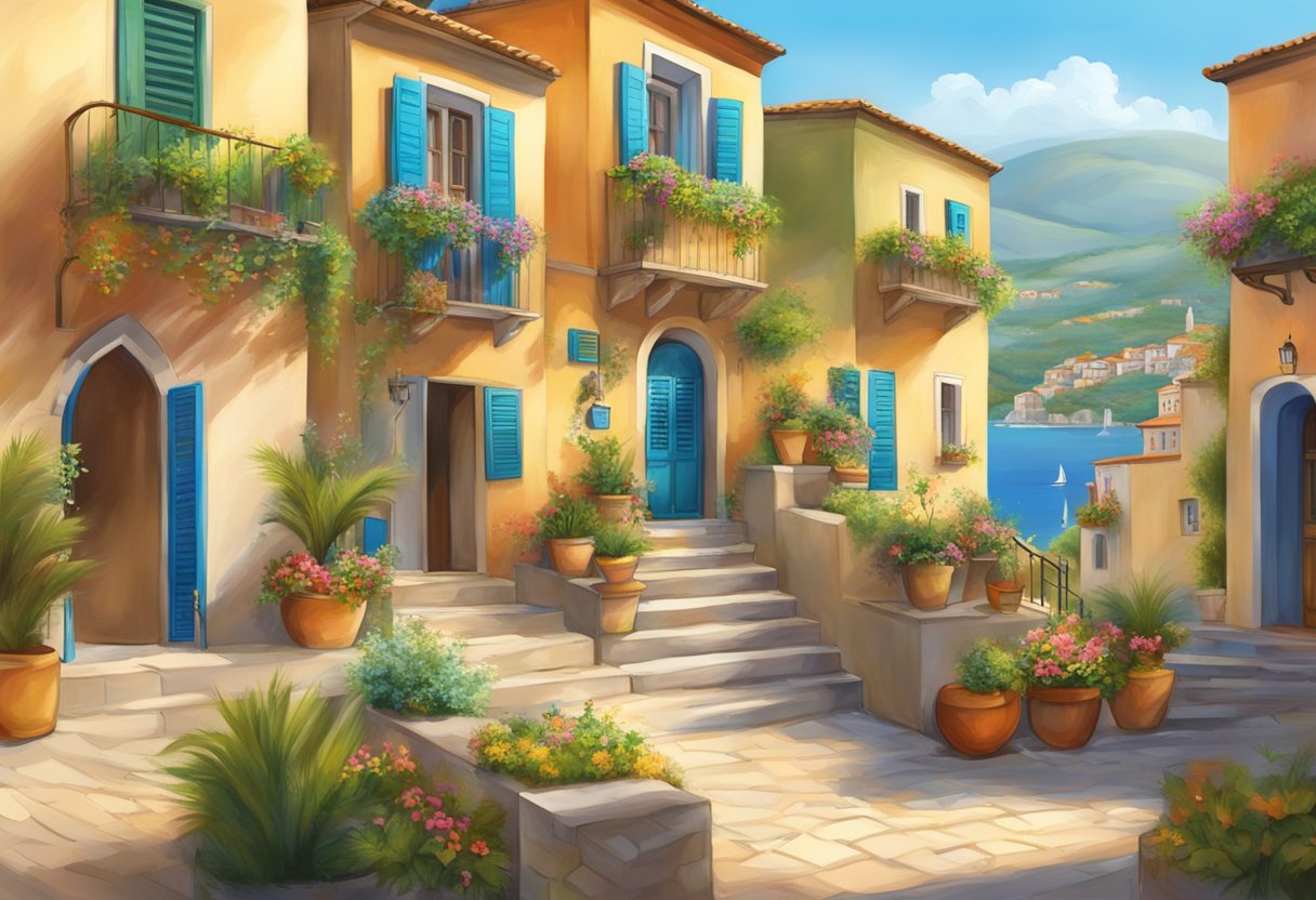 A serene Mediterranean village with colorful art and lively music, creating a sense of well-being and cultural richness