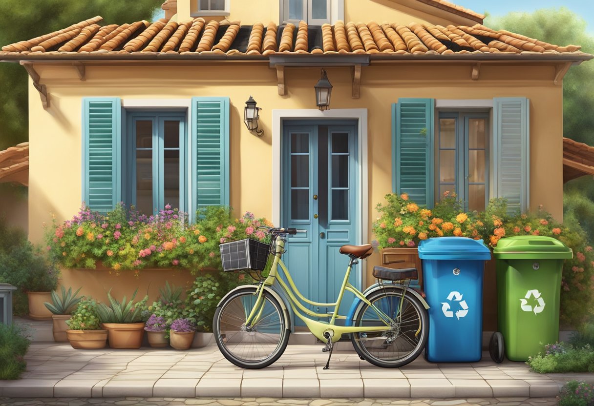 A bicycle parked in front of a traditional Mediterranean house with solar panels on the roof, surrounded by a lush garden and recycling bins