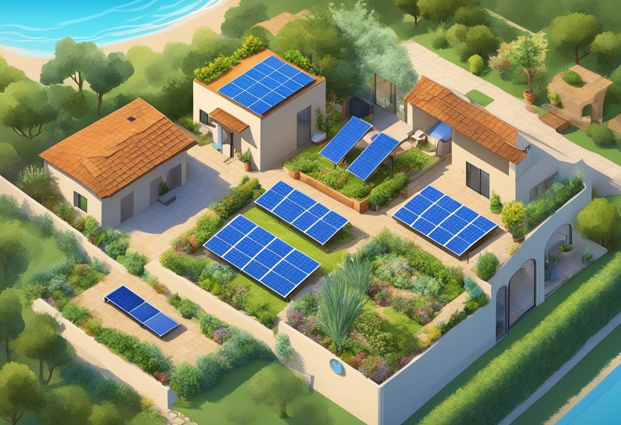 A Mediterranean villa with solar panels, rainwater collection system, and a lush garden with compost bins and recycling stations