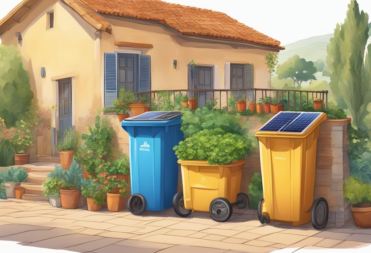 A Mediterranean home with solar panels, a compost bin, and a vegetable garden. Recycling bins and reusable water bottles are visible