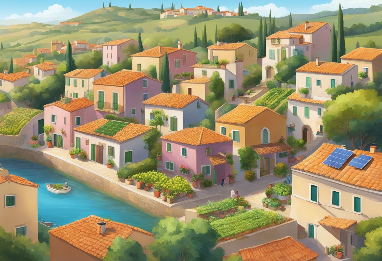 A bustling Mediterranean village with solar panels on rooftops, recycling bins on every corner, and locals tending to community gardens and vineyards