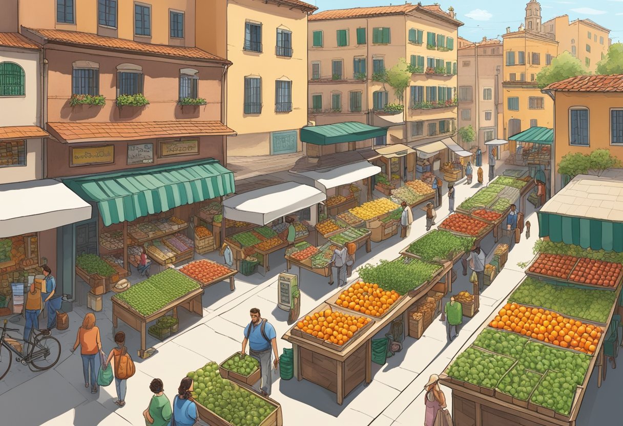 A bustling Mediterranean market with vendors selling locally grown produce, reusable bags, and eco-friendly products. Solar panels line the rooftops of nearby buildings, and people ride bicycles and use public transportation