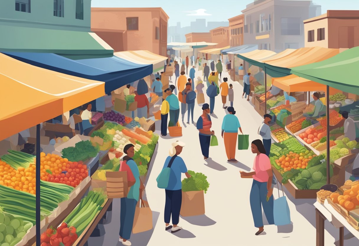 A bustling local market with colorful stalls and fresh produce. Customers chat with vendors, carrying reusable bags. Signs promote seasonal and local products