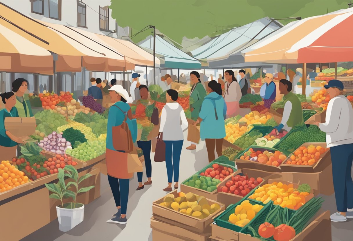 Local market bustling with colorful produce, seasonal goods, and eager shoppers. Vendors display fresh, locally-sourced items while customers chat and browse