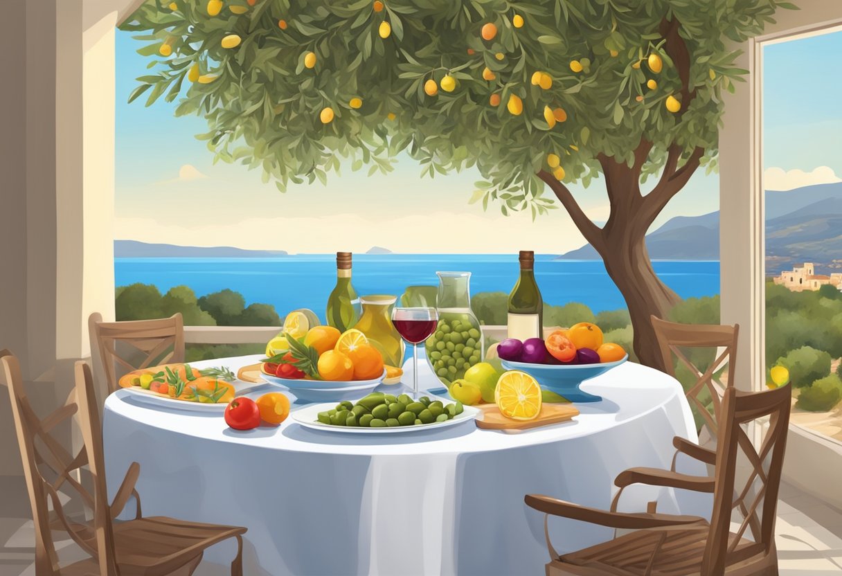 A table set with colorful, fresh Mediterranean ingredients, surrounded by olive trees and a view of the sea