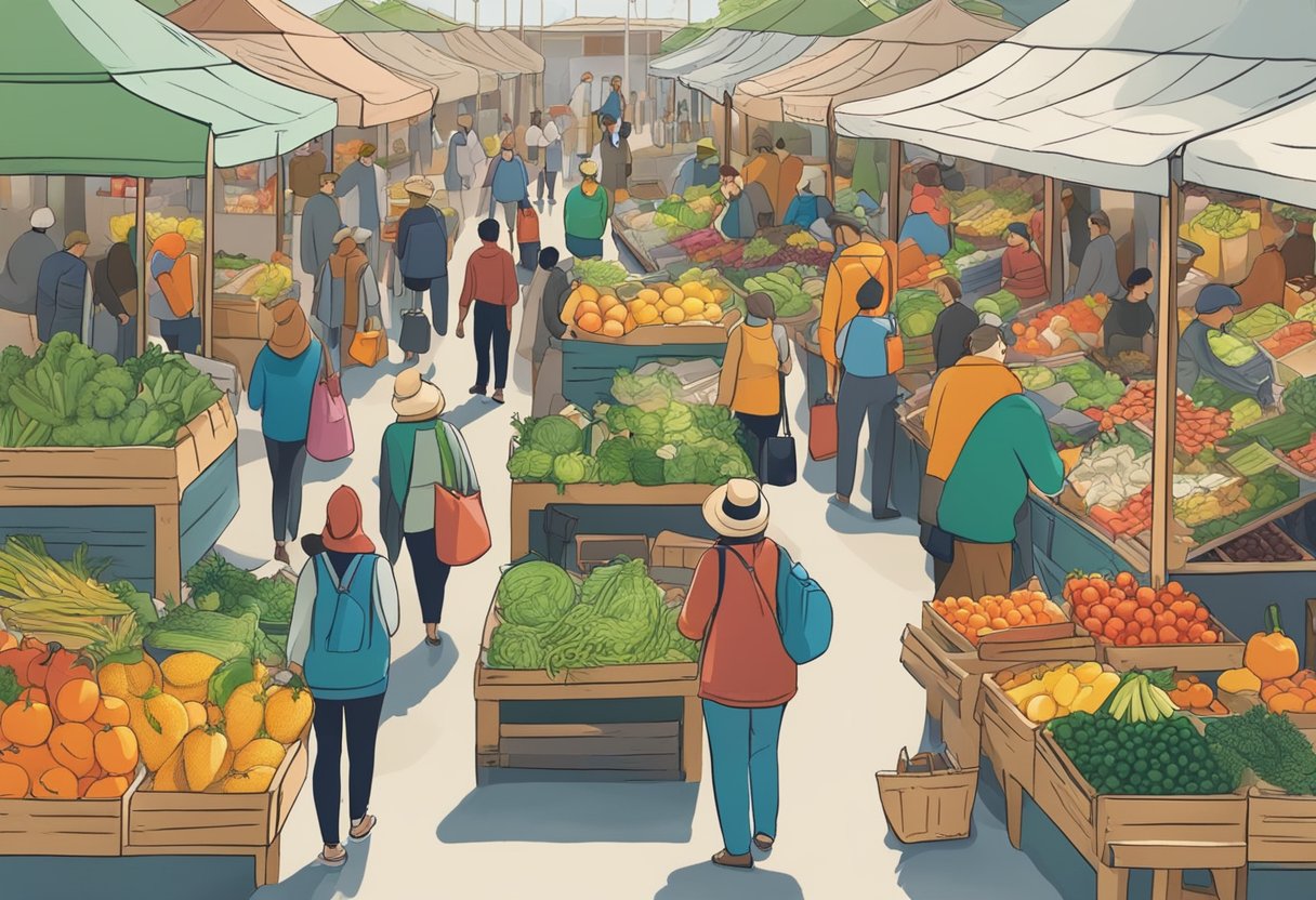 A bustling local market with colorful stalls selling fresh, seasonal produce. Customers carrying reusable bags and discussing the benefits of supporting local farmers