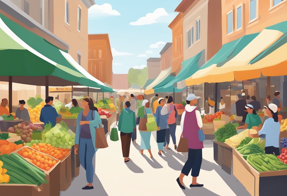 A bustling local market with fresh produce and colorful displays, shoppers carrying reusable bags and chatting with vendors