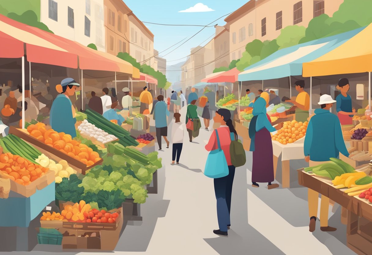 A bustling local market with colorful stalls selling fresh, seasonal produce and handmade goods. Customers chat with vendors and sample local treats