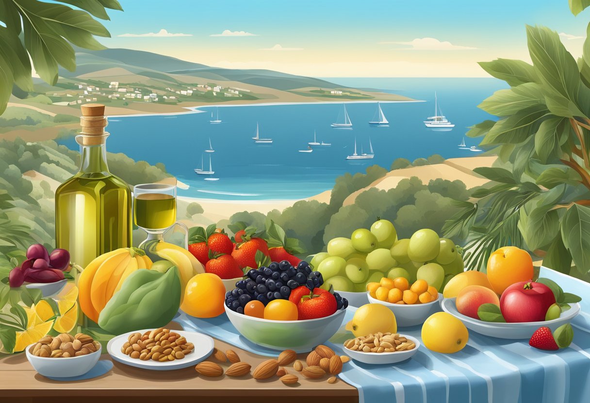 A bountiful table of fresh fruits, vegetables, nuts, and olive oil, surrounded by a serene coastal landscape with clear blue skies and gentle waves