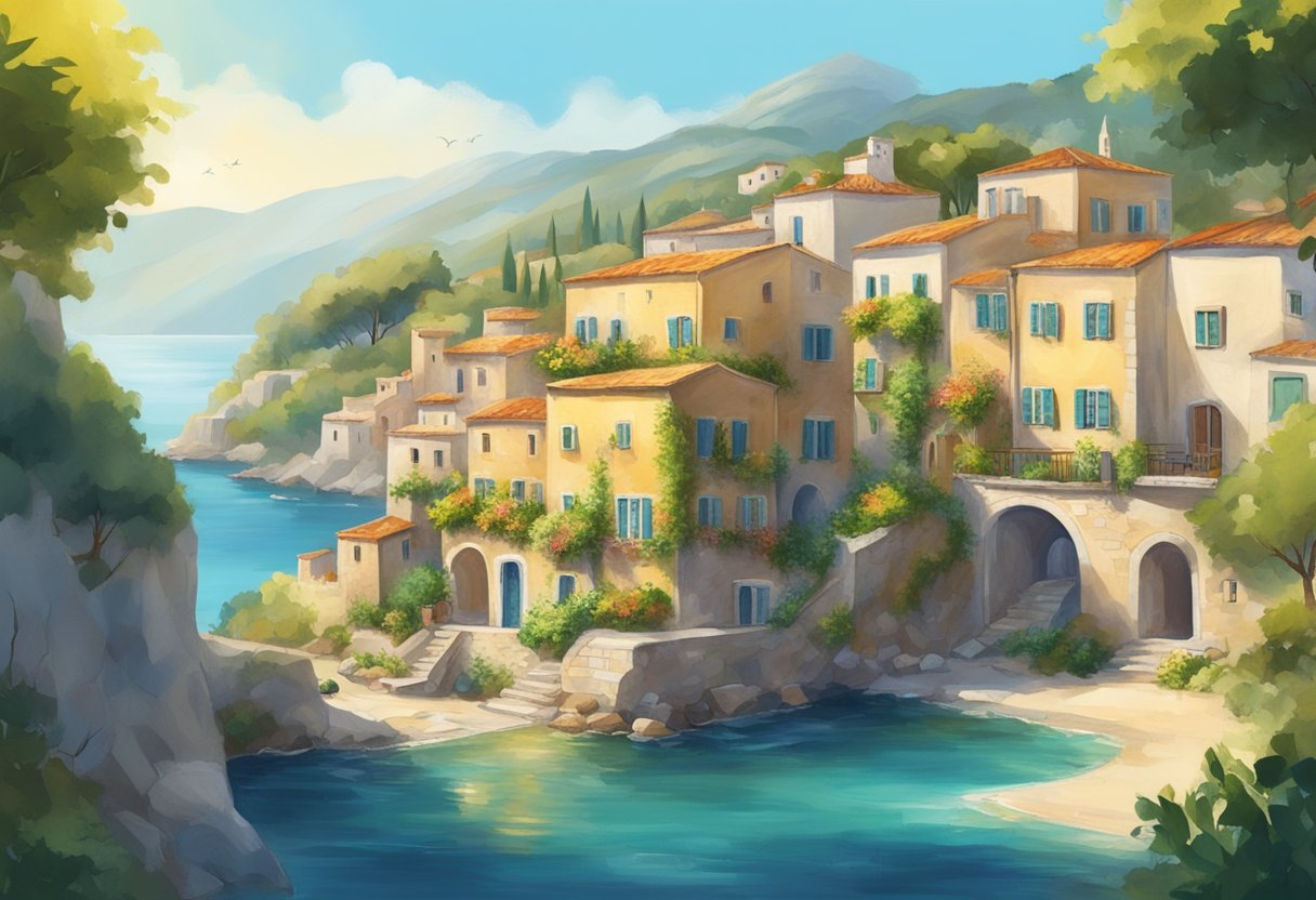 A vibrant Mediterranean village with lush greenery, ancient stone buildings, and a clear blue sea. The sun is shining, and there is a sense of peace and vitality in the air