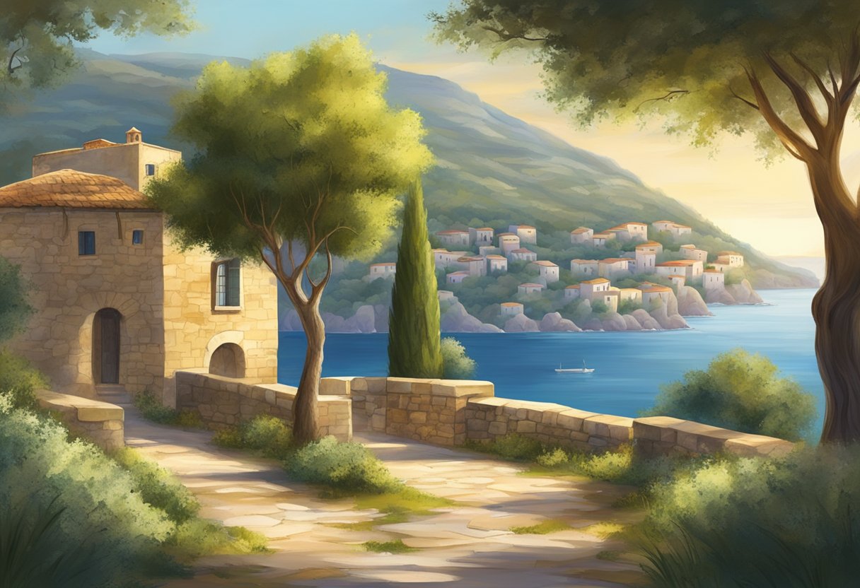 A serene Mediterranean landscape with lush olive trees, a calm sea, and ancient stone buildings basking in the warm sunlight