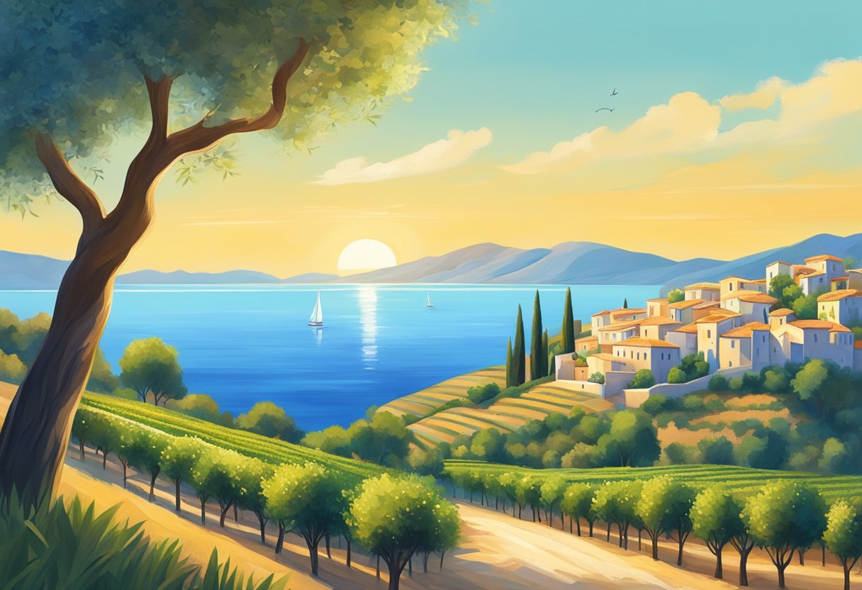 Vibrant Mediterranean landscape with olive trees, vineyards, and a serene coastal village. Blue skies, warm sun, and a sense of tranquility