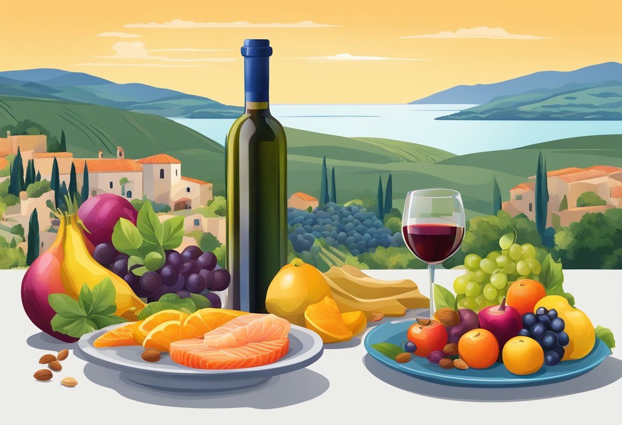 A table filled with colorful fruits, vegetables, nuts, and olive oil. A bottle of red wine and a plate of fish. A Mediterranean landscape in the background