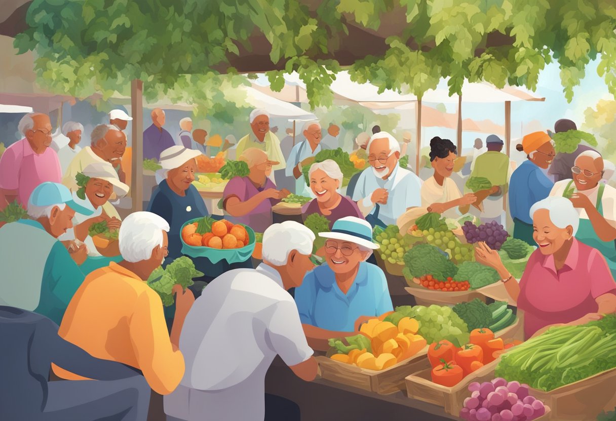 Vibrant market scene with colorful fruits, vegetables, and herbs. Elderly individuals engaging in communal meals, surrounded by lively conversation and laughter