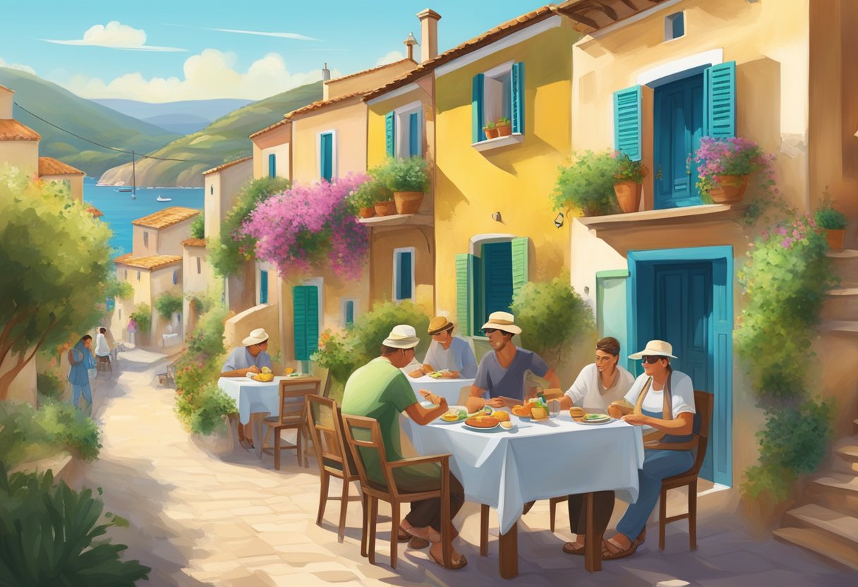 A serene coastal village with colorful houses, lush olive groves, and locals enjoying a leisurely outdoor meal under the warm Mediterranean sun