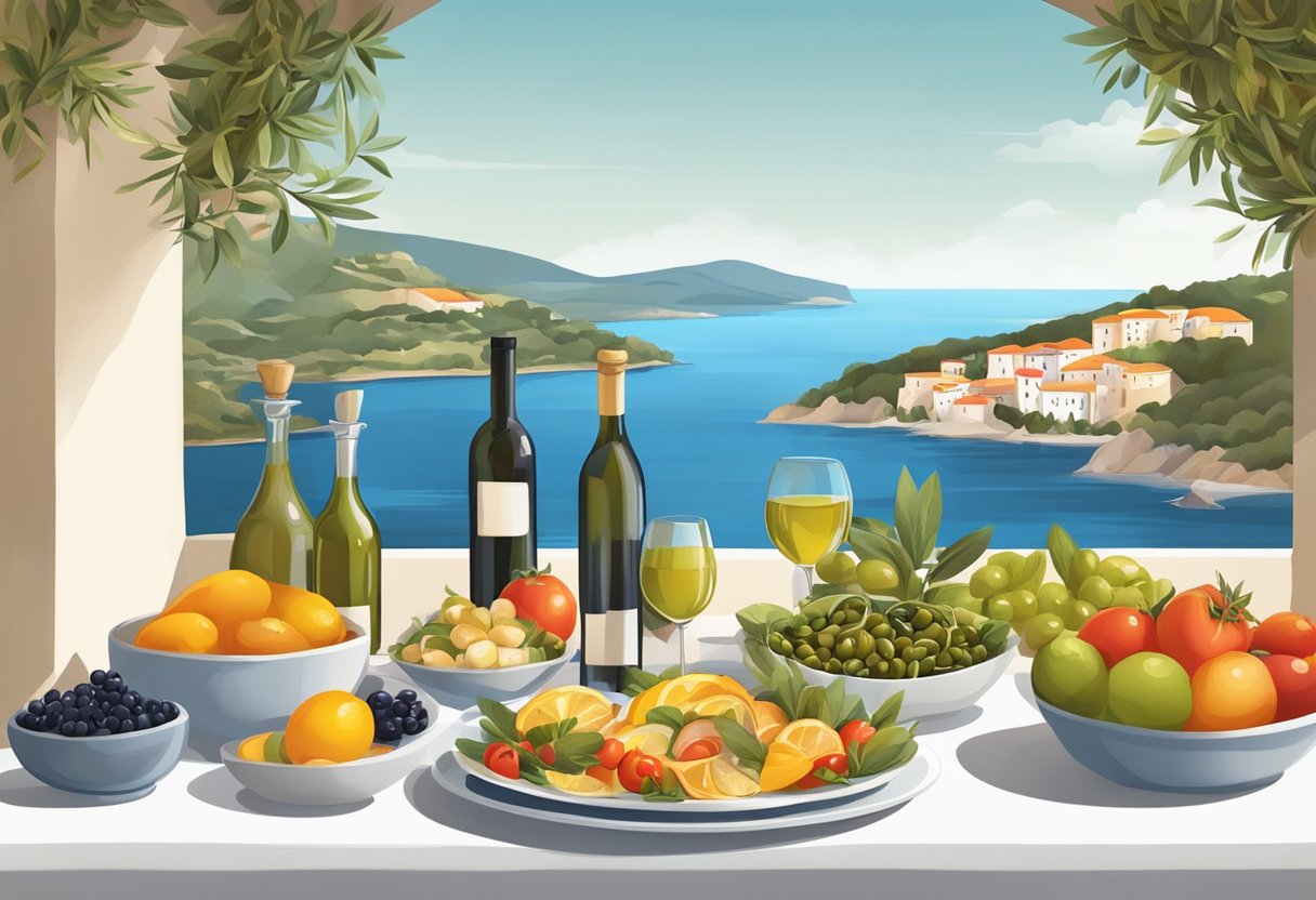 A table set with colorful, fresh Mediterranean ingredients, surrounded by olive trees and a serene coastal backdrop