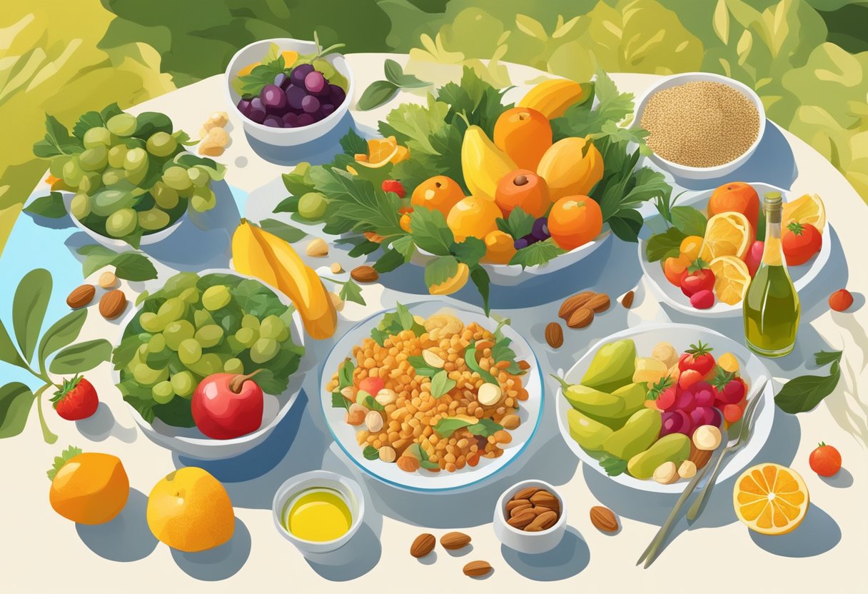 A table filled with colorful fruits, vegetables, and whole grains, surrounded by olive oil, nuts, and fish. A backdrop of a sunny Mediterranean landscape with people engaged in physical activity