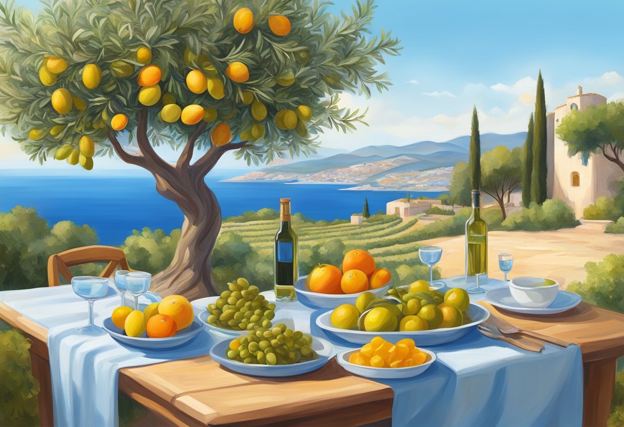 A vibrant Mediterranean landscape with olive trees, blue seas, and a clear sky. A table set with colorful fruits, vegetables, and a bottle of olive oil. A sense of vitality and longevity in the air