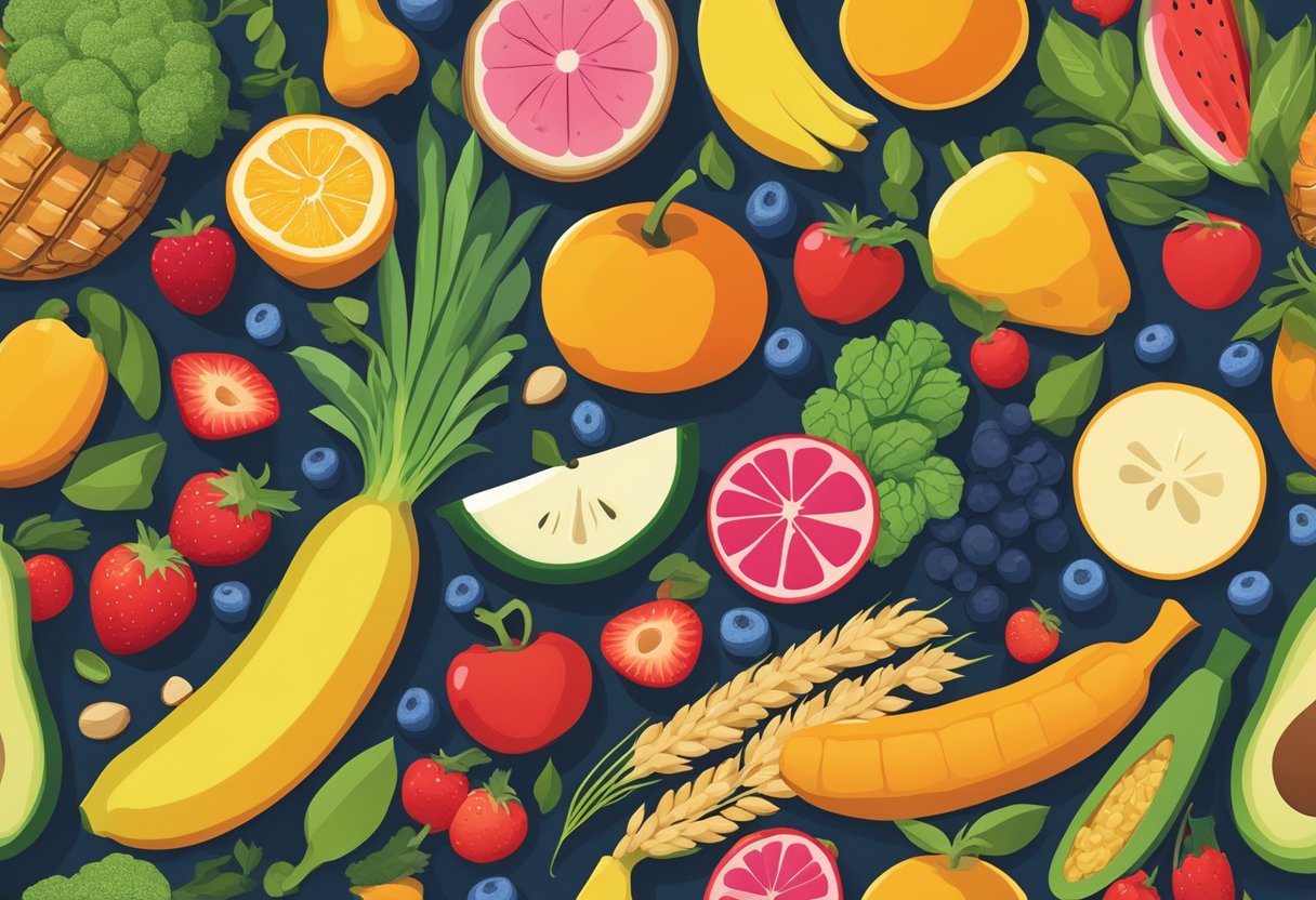 A diverse array of fresh fruits, vegetables, and whole grains arranged in a vibrant and inviting display, symbolizing the multifaceted connection between food, health, and cultural attitudes towards eating