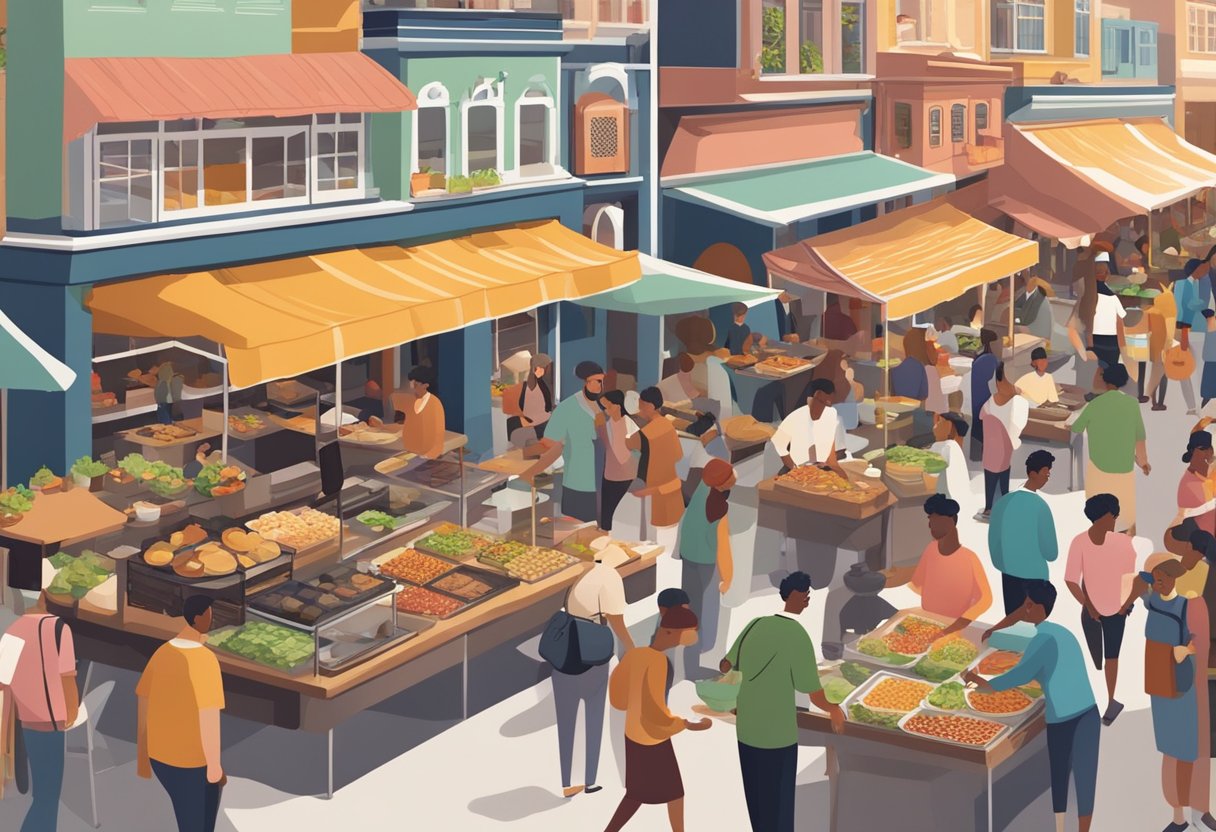 A bustling marketplace with diverse food options, surrounded by people enjoying meals together, reflecting cultural attitudes towards food