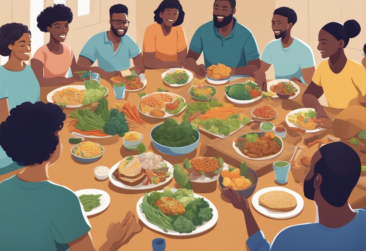 A diverse group of people gather around a communal table, sharing different types of food and engaging in lively conversations, reflecting cultural attitudes towards food and eating in a social context