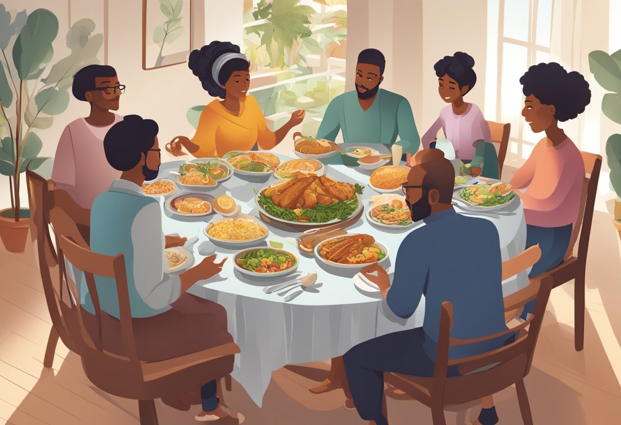 A family gathering around a table, sharing traditional dishes and engaging in lively conversation, showcasing the importance of cultural values in shaping dietary habits