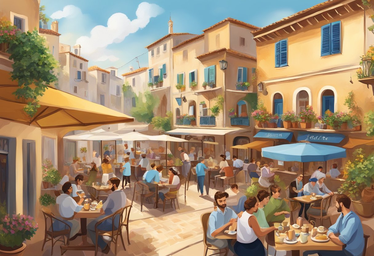 A bustling Mediterranean cafe with people enjoying tea and coffee, surrounded by traditional decor and lively conversation