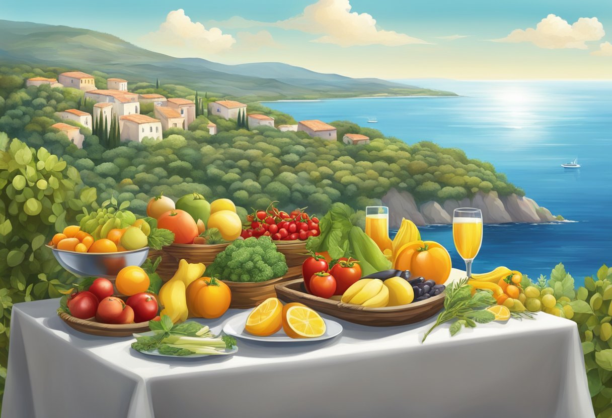 A table set with fresh fruits, vegetables, and herbs, surrounded by a lush Mediterranean landscape with clear blue skies and a sparkling sea