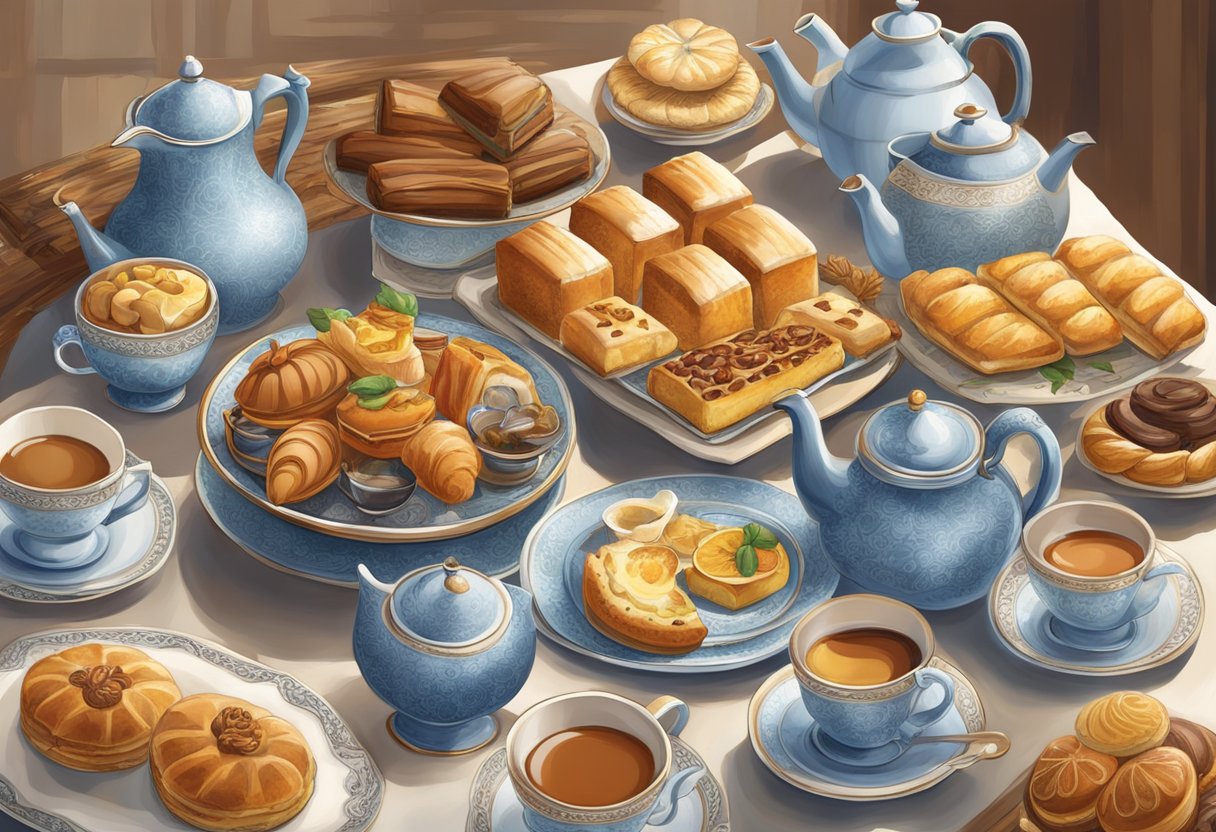 A table set with a variety of teapots, coffee cups, and traditional Mediterranean pastries. People gather around, engaged in lively conversation and laughter. The warm and inviting atmosphere reflects the importance of tea and coffee in social life