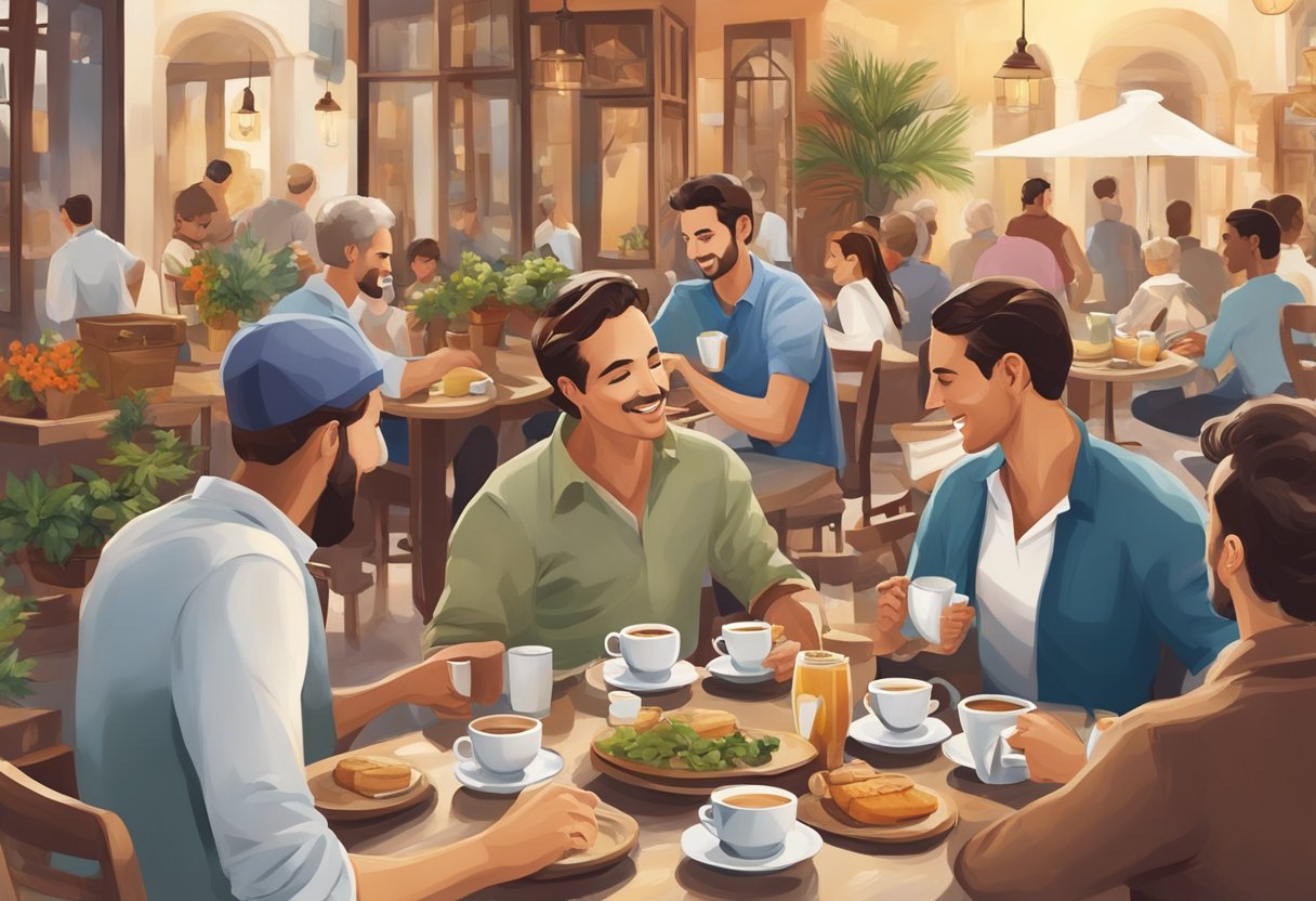 A bustling Mediterranean cafe, with steaming cups of tea and coffee being shared among friends, symbolizing the cultural significance of these beverages in social life and health