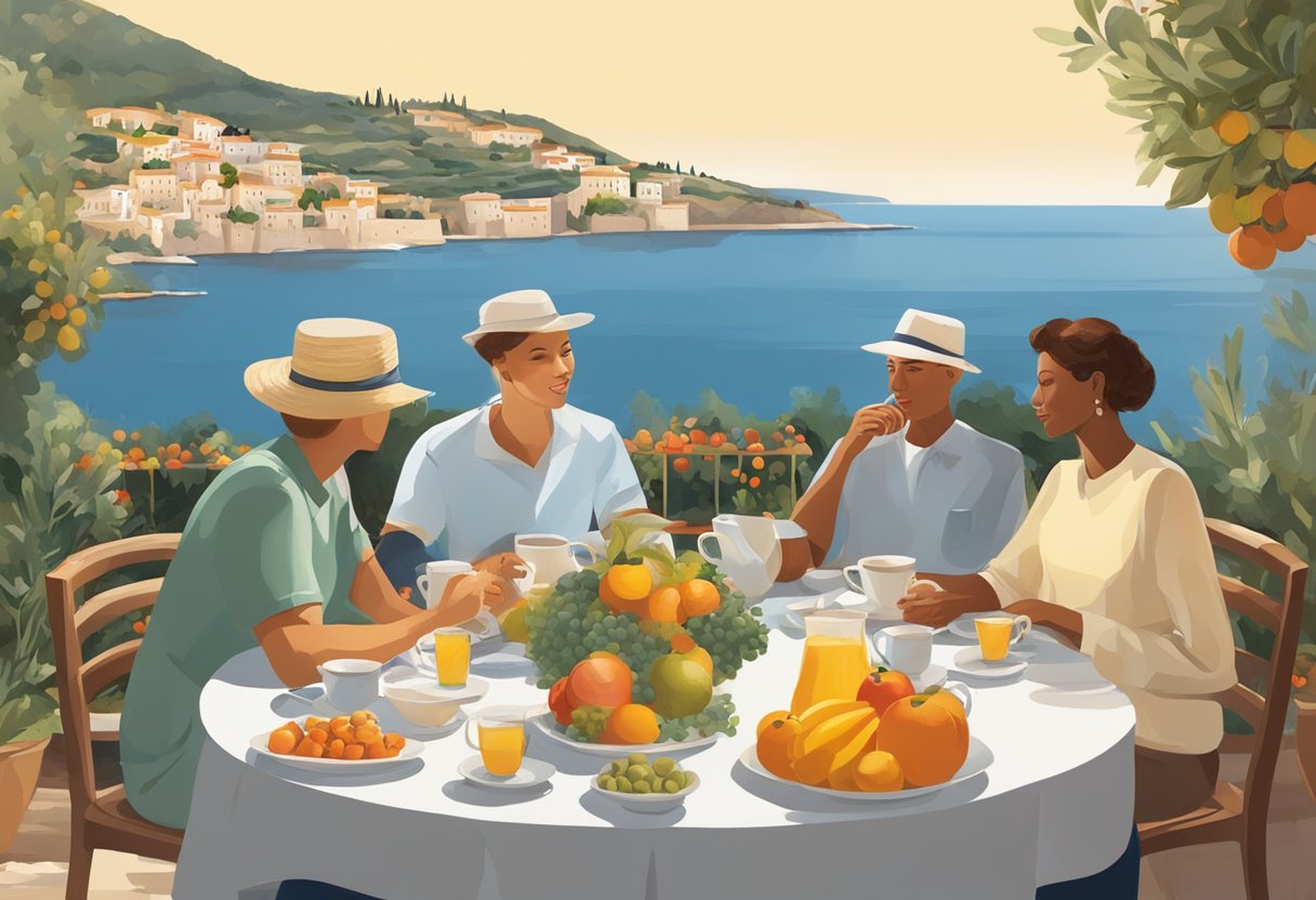 People sitting around a table, sipping tea and coffee, surrounded by Mediterranean scenery. Fruits, vegetables, and olive oil are present, highlighting the connection between health, nutrition, and social interaction