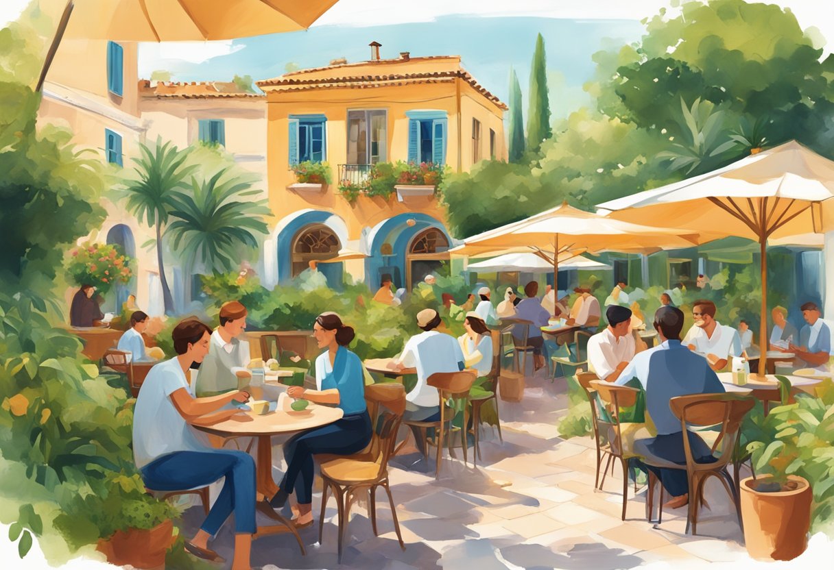 A bustling café scene with people chatting over steaming cups of tea and coffee, surrounded by vibrant Mediterranean architecture and lush greenery