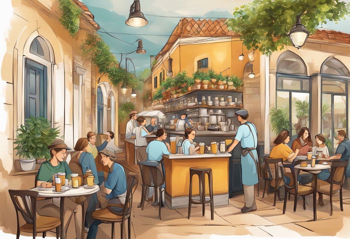 A bustling Mediterranean cafe with steaming cups of tea and coffee, surrounded by lively conversation and the aroma of freshly brewed beverages