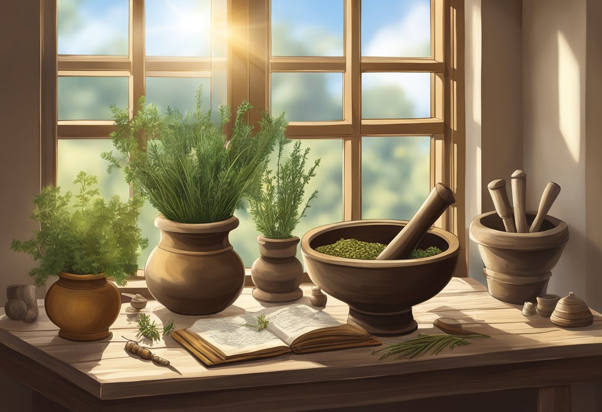 A rustic table holds an array of dried herbs, mortar and pestle, and ancient texts. Sunlight filters through a window onto the scene