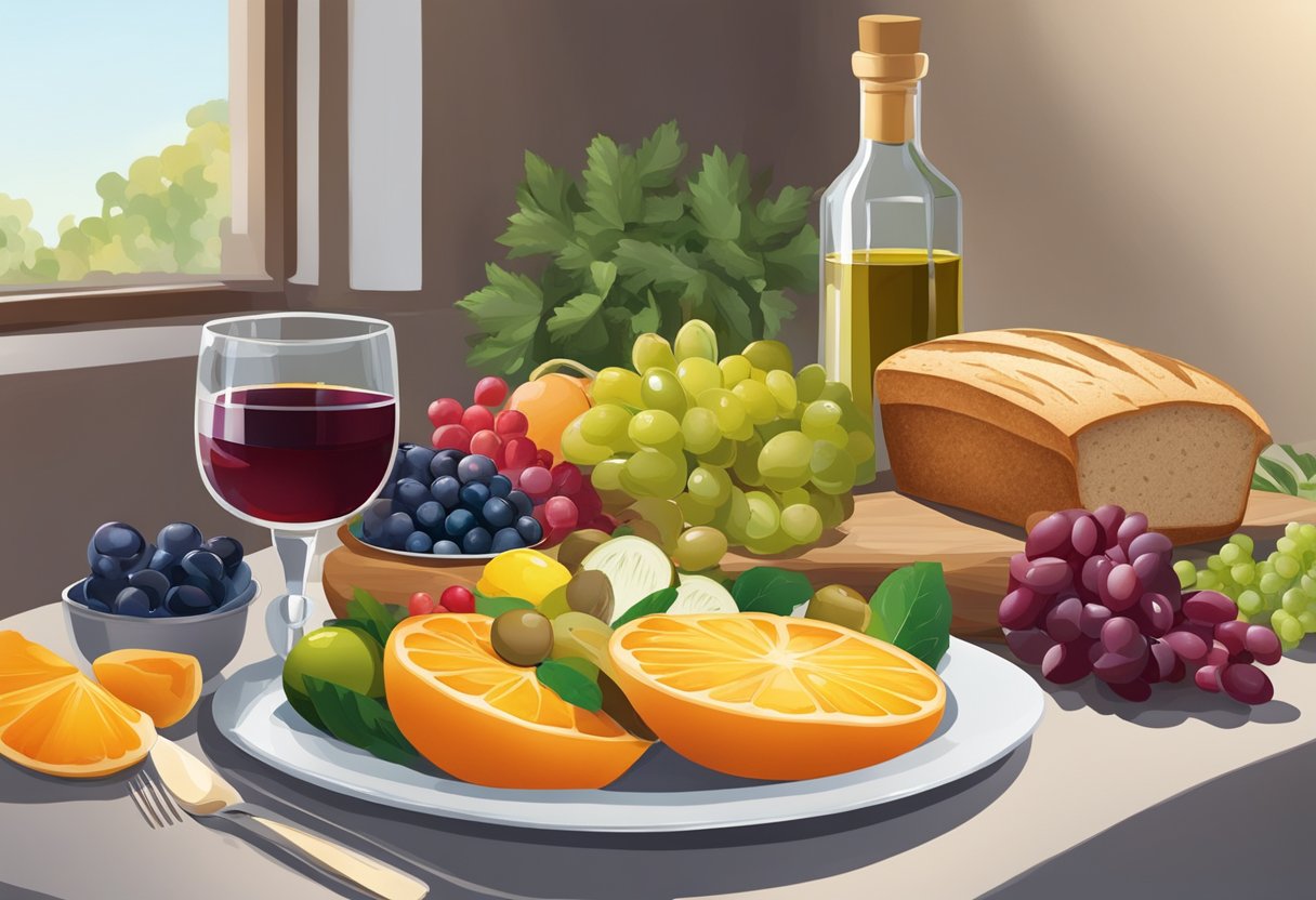 A table set with colorful fruits, vegetables, and olive oil. A glass of red wine and a loaf of crusty bread complete the scene