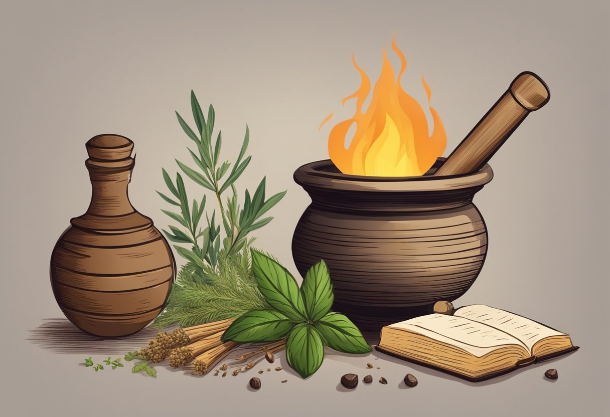 A mortar and pestle grind dried herbs. A small pot simmers on a fire, filled with herbal concoction. A book of traditional remedies lays open nearby