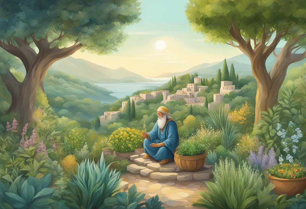 A Mediterranean landscape with herbs, plants, and ancient healing tools. A wise figure sits in the center, surrounded by nature and traditional healing remedies