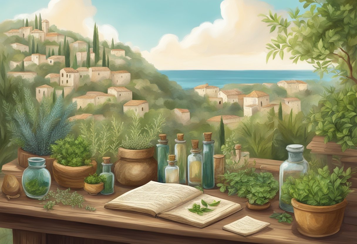 A serene Mediterranean landscape with herbs and plants, a rustic apothecary table, and ancient texts on natural healing