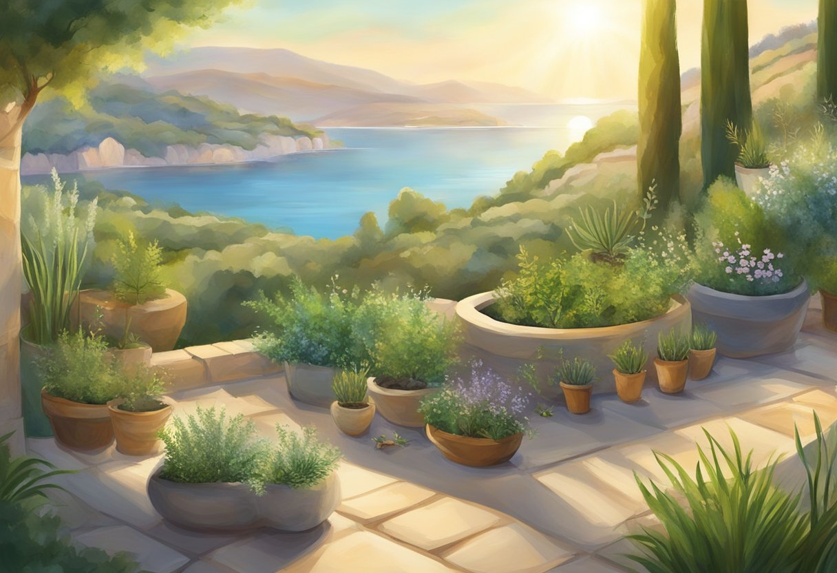 A serene Mediterranean landscape with herbs, plants, and ancient healing tools. The sun shines down on a tranquil scene, evoking a sense of natural and spiritual healing